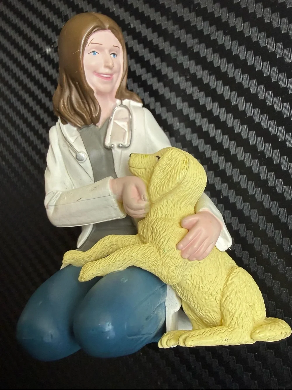 1982 Woman Doctor/Veterinarian Figurine w/ Stethoscope Holding Yellow Dog Resin